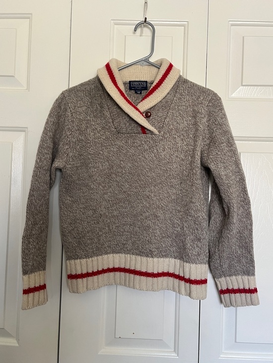 Lands' End Sweaters - Lands' End Women’s Taupe Shawl Collar Sweater with Cream and Red Trim Size M